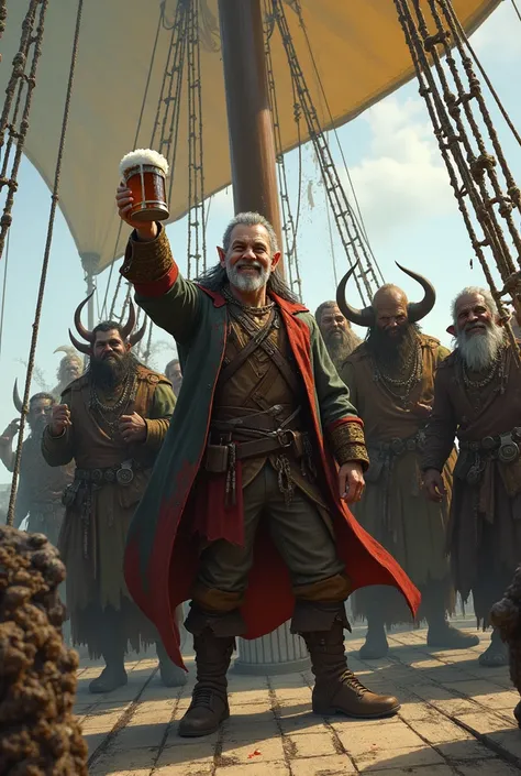 subtle colors,post-grunge, concept art, paint splatters, intricate details,Pirates of medieval Europe. (A cheerful elf captain drinking ale.handsome elf captain),surrounded by crew of various races (humans, oni, witches, orcs, elves, werewolves),at deck of...