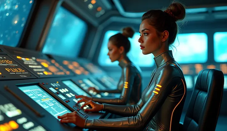 A hyper-realistic, retro-futuristic control room filled with sleek consoles and glowing screens. Gorgeous female crew members, dressed in form-fitting, metallic jumpsuits with glowing accents, are operating advanced control panels. Their hair is perfectly ...