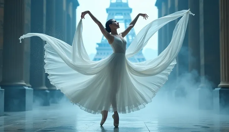 Fly very high,Angle from below,photo shoot, ballerina, Ballet dancer,, , Ballet style pose, Ballet pose, Ballet, prima ballerina, ((She is wearing a very long thin white dress, The super long skirt spreads out in a circle.,)), (Profile photo), portrait of ...