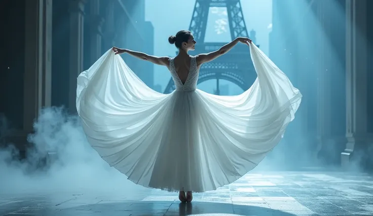 Fly very high,Angle from below,photo shoot, ballerina, Ballet dancer,, , Ballet style pose, Ballet pose, Ballet, prima ballerina, ((She is wearing a very long thin white dress, The super long skirt spreads out in a circle.,)), (Profile photo), portrait of ...