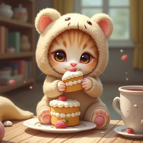 A kitten wearing a beige bear costume is eating cake.