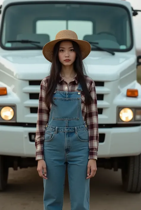 live-action、Real、A very beautiful Japanese woman standing in front of a light truck、White light truck、Round headlights、Overalls and flannel shirt、Boots、Straw hat