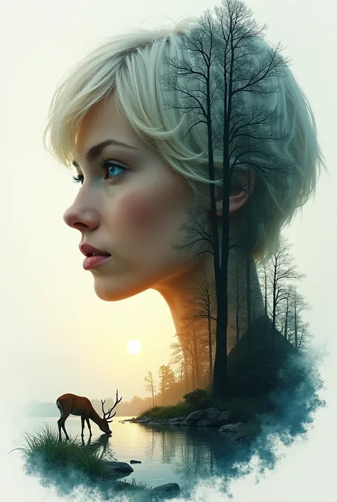 Creer une triple exposition , une femme cheveux court blond cendre et yeux bleu une image de paysage de ruisseau forestier utilisant une palette harmonieuse de 2 couleurs, un coucher de soleil, un cerf buvant dans le ruisseau, style à lencre à lalcool"