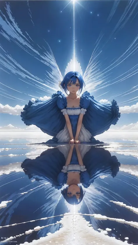 Absurd, High resolution, (Official Art, beautifully、Midea:1.2), (Short-sighted:1.15), (One Girl, Blue Hair, Medium Hair, blue eyes, Bright Eyes, Long white dress, Blue frills,:1.2) blue sky, Shining Galaxy, (Uyuni Salt Flats:1.2), (Fractal Art:0.8), Water ...