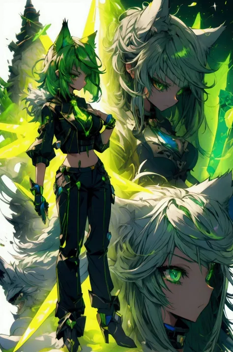 Cute wolf girl,Glowing green hair,Neon green eyes,Wolf ears,Wolf tail,Big Breasts!!,Wear a long-sleeved sweater,trousers,Wear a mask,Holding a dagger