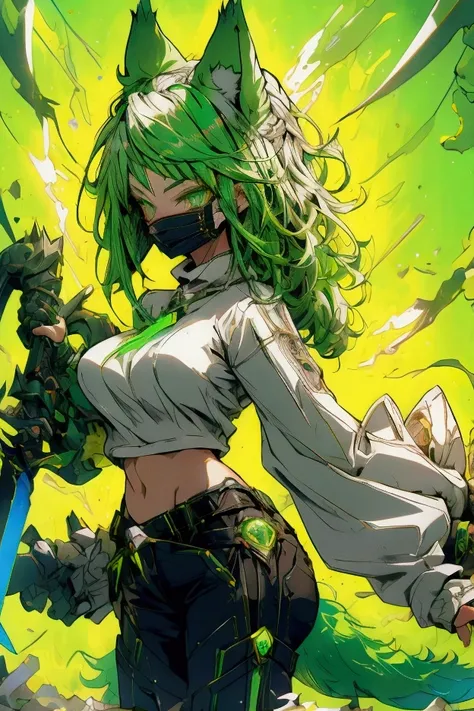 Cute wolf girl,Glowing green hair,Neon green eyes,Wolf ears,Wolf tail,Big Breasts!!,Wear a long-sleeved sweater,trousers,Wear a mask,Holding a dagger