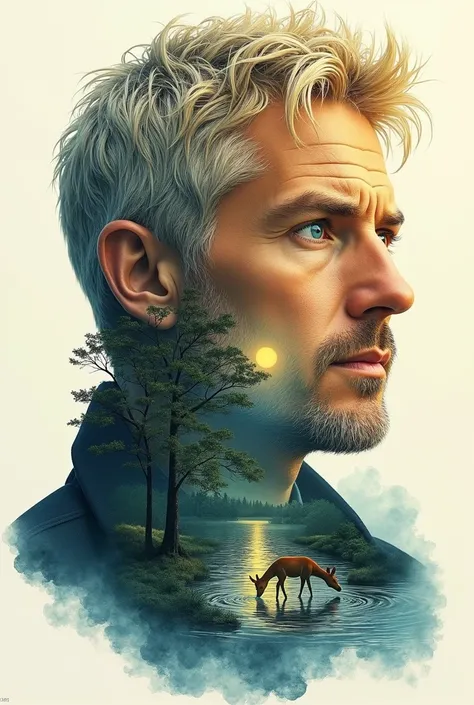 Creer une triple exposition , un  homme jeune de 50 ans  cheveux blond grisonnant et yeux bleu une image de paysage de ruisseau forestier utilisant une palette harmonieuse de 2 couleurs, un coucher de soleil, un cerf buvant dans le ruisseau, style à lencre...