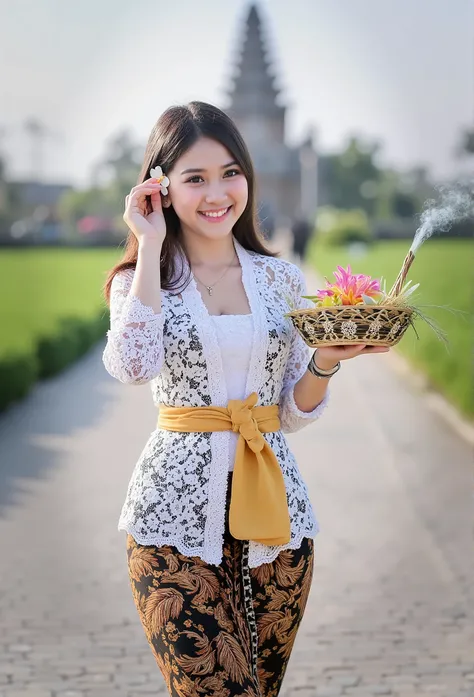 (masterpiece, best quality:1.2), 1girl, Alone, flower, kebaya_Bali, white_kebaya_bali, stands on bridge, smiling, Bali temple background, beach