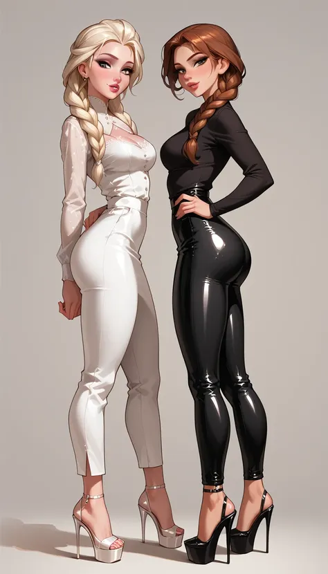 score_9, score_8_up, score_7_up, 2girls, duo, (anna, brown hair, braided pigtails, wearing tight trousers and blouse, platform h...