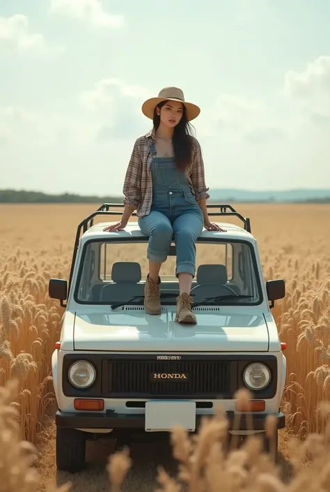 live-action、Real、A very beautiful Japanese woman standing in front of a Japanese mini truck、Honda white mini truck、Woman sitting on the platform、Overalls and flannel shirt、Large Breasts、Boots、Straw hat、Sit on the roof of a truck、Parking in a wheat field