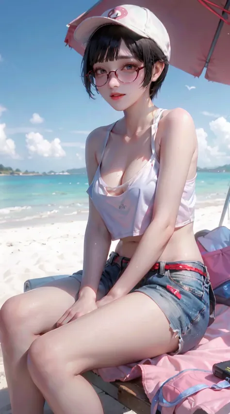 masterpiece, best quality 1 girl, beach, sitting on a beach towel, short hair, glasses, t-shirt, shorts, cap, blush, summer, sod...