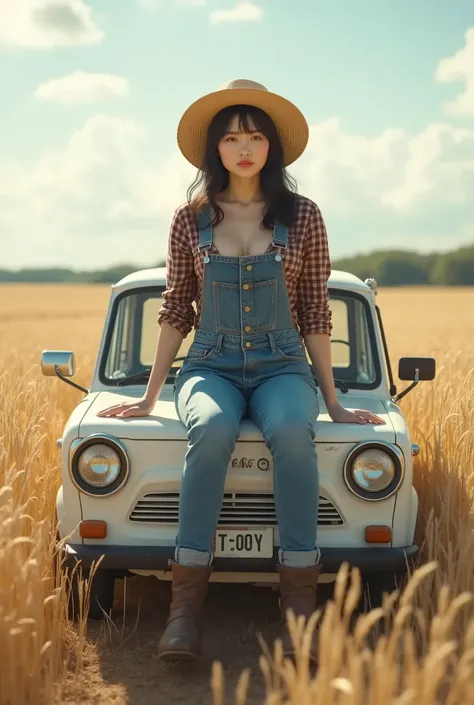 live-action、Real、A very beautiful Japanese woman standing in front of a Japanese mini truck、Honda white mini truck、Woman sitting on the platform、Overalls and flannel shirt、Large Breasts、Boots、Straw hat、Sit on the roof of a truck、Parking in a wheat field