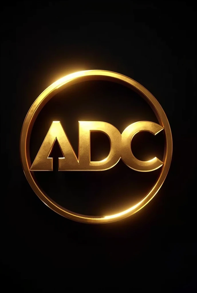 Create a logo with the letters ADC inside a black gradient circle, I want a logo with shiny gold letters. In the background of the image I want the same shiny gold tone as the letters..