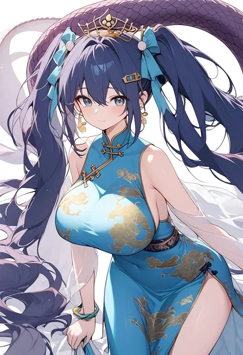 1girl, alone, hatsune miku, lamia,dark blue hair,long hair,big breasts,ancient chinese princess,chinese dress,ancient chinese ro...