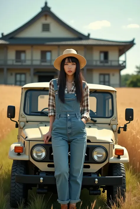 live-action、Real、A very beautiful Japanese woman standing in front of a Japanese gym、SUZUKI beige Jimny、Round headlights、Overalls and flannel shirt、Large Breasts、Boots、Straw hat、Sit on the roof of a truck、Parking in a wheat field
