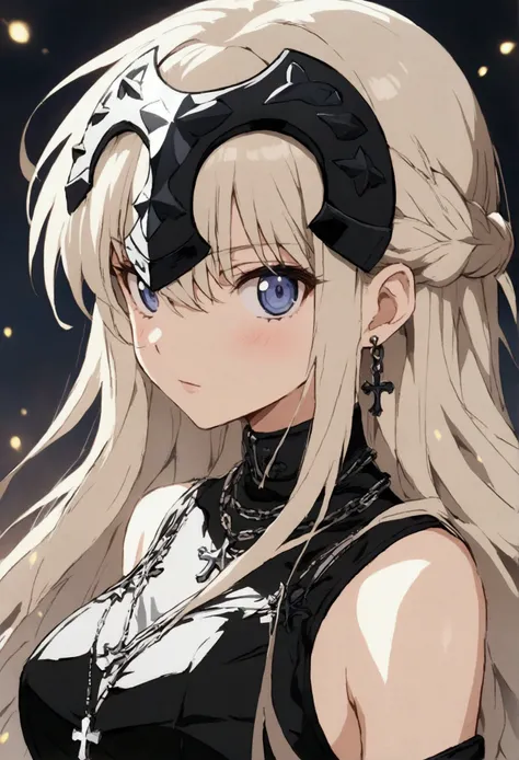 Anime style, Jeanne DArc wearing a black battle dress with white cross-shape designs 