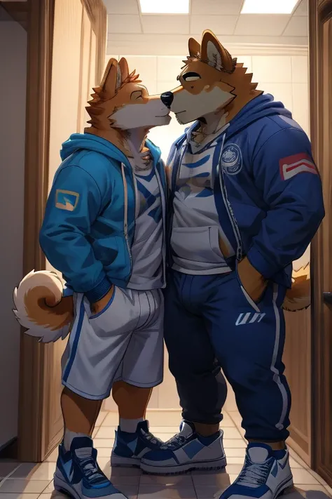 High quatilty, masterpiece, anatomy correct, halfbody, 2boys, anthropomorphic dog, furry, male furry, Shiba Inu, dogs, male dogs, standing in a bathroom. One dog (wearing a blue and white jacket with a zipper), one dog (dressed in a black hoodie with white...