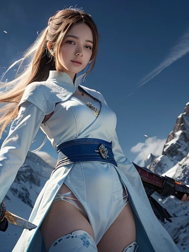 Drawing the sword of the snow mountain, the sword with the cold ice flame of the ancient style woman, holding the blue flame burning sword, white clothes dancing sword in the snow long hair flowing, holding a silver long sword beautiful woman, wearing jade...