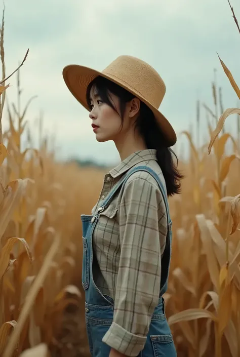 live-action、Real、A very beautiful Japanese woman standing in the middle of a corn field、Overalls and flannel shirt、Very large breasts、Straw hat、profile、Cloudy