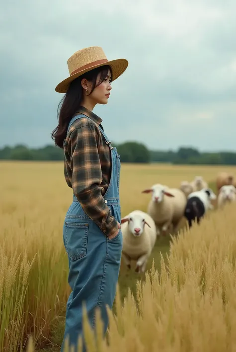 live-action、Real、A very beautiful Japanese woman standing next to a rye field、Overalls and flannel shirt、Large Breasts、Straw hat、profile、Ducks, sheep, goats and sheepdogs running side by side、Cloudy