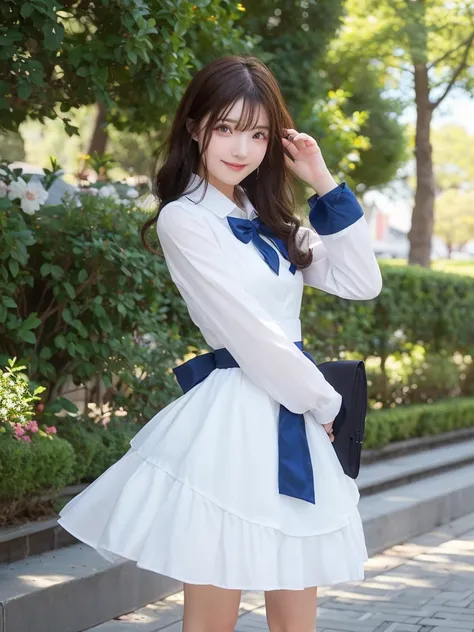 Photo-realistic quality、anime - style woman in a white and blue ドレス posing for a picture, anime Cosplay, anime girl Cosplay、 Cosplay,  Maid Dress, Azur Lane Style, Anime Goddess,, professional Cosplay, Looking at the camera、Cute smile、A soft and gentle loo...