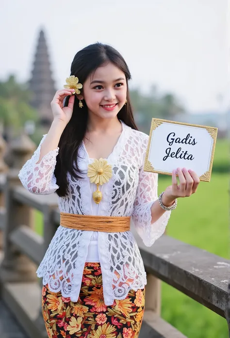 (masterpiece, best quality:1.2), 1girl, Alone, flower, kebaya_Bali, white_kebaya_bali, stands on bridge, smiling, Bali temple background, beach, holding sign with text "Gadis Jelita"