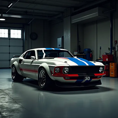 A **GT 500R Mustang** resting in a dimly lit **garage**, featuring a bold **red and blue stripe** running along its sleek body. The car is captured in a **RAW format**, showcasing its **elegant lines** and powerful **restomod design**. The atmosphere is im...