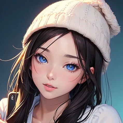 Wear a hat、Anime girl holding a mobile phone in her hand, Cute realistic portrait, artwork in the style of Gwaiz, everyone, Cute girl anime visuals, Gwaiz, Detailed digital anime art, Smooth anime CG art, Gwaiz on artstation pixiv, Very cute anime girl fac...