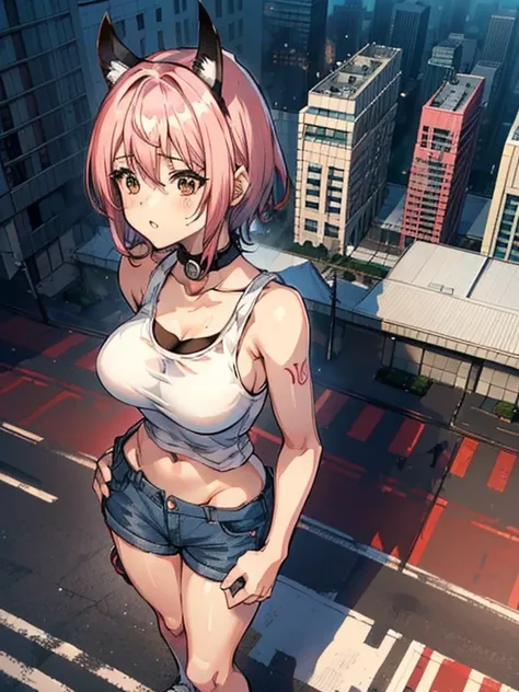 HiroyaOku2023, ((Giantess:1.1)), one woman, Highly detailed face, (GTS), (Giant, aerial angle:1.1, 50m tall:1.1), (Pink short hair:1.1), (wearing denim short  pants, white tank top, Tank top with a "UMIQLO" red logo on a white background, Black choker), ((...