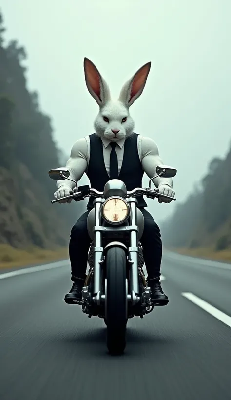 A muscular white rabbit, dressed in black pants and a white shirt, sad rides a motorcycle on the highway.