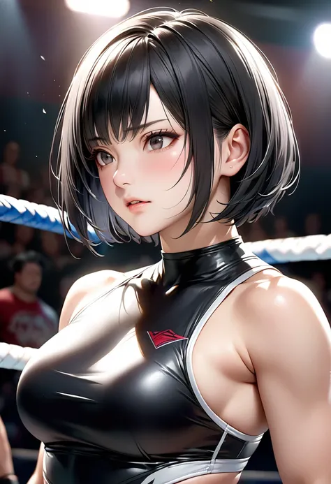 Black Hair、Boyish short cut。One female professional wrestler。Focus on the face。Realistic。I can see your chest