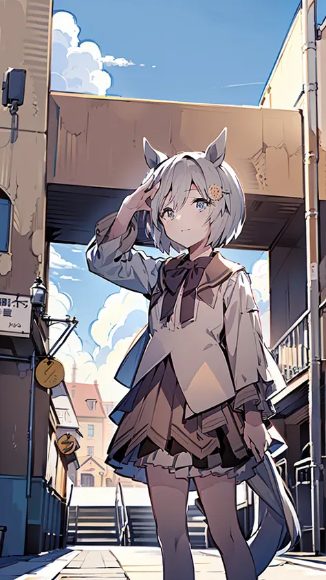 masterpiece, Best Quality, High resolution, Very detailed,(((Seiun Sky))), (((Horse Girl)))、(((Around town)))、(((Standing at a distance))), (((Facing forward。))), (((Against the backdrop of blue sky))), (((sepia))), (((skirt)))