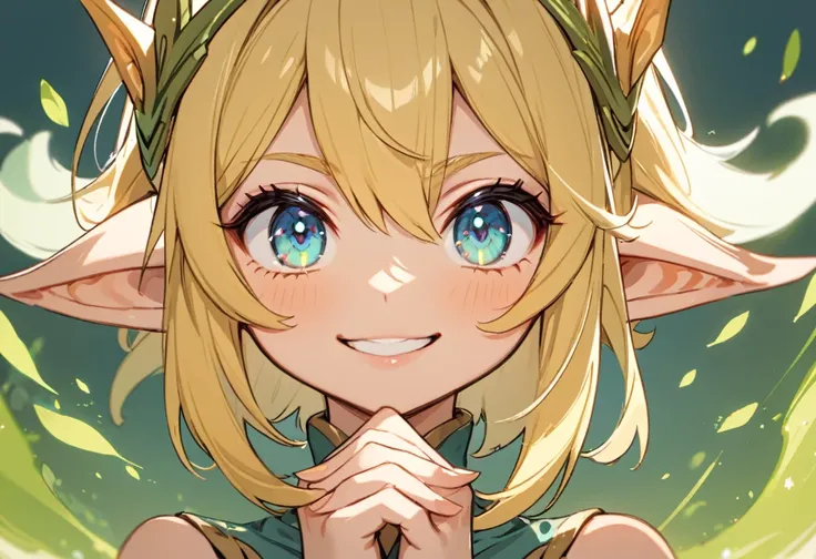 1 elven girl, solo, blonde short hair, Azure eyes, crossed eyes, Grasp the tips of both pointed ears, smiling with mouth close, simple background