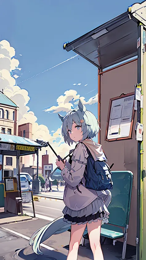 masterpiece, Best Quality, High resolution, Very detailed,(((Seiun Sky))), (((Horse Girl)))、(((Around town)))、(((Standing at a distance))), (((Facing forward。))), (((bus stop))), (((Against the backdrop of blue sky))), (((sepia))), (((skirt)))