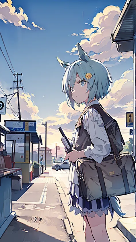 masterpiece, Best Quality, High resolution, Very detailed,(((Seiun Sky))), (((Horse Girl)))、(((Around town)))、(((Standing at a distance))), (((Facing forward。))), (((bus stop))), (((Against the backdrop of blue sky))), (((sepia))), (((skirt)))