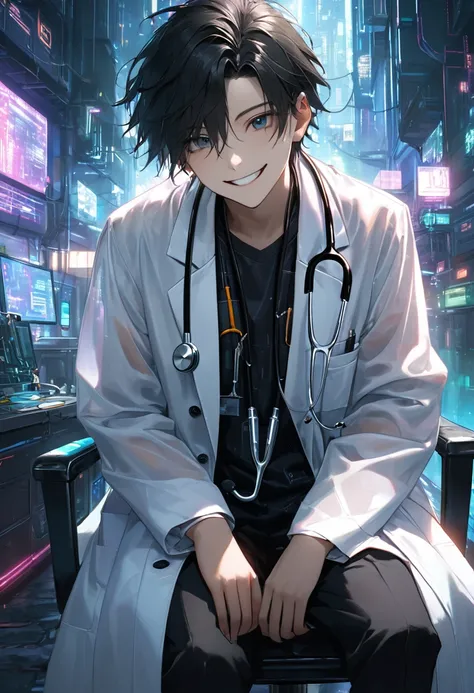 (masterpiece, best quality),one boy,cool,12yearsold,handsome,he is doctor, short stature,(oversize see-through lab-coat),stethoscope,black hair,sitting on chair,in cyberpunk metropolis, crazy nihilistic smile,intricate details, depth of field,beautiful lig...