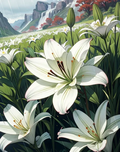 a white lily in shining grass, scarlet rain splashing on the petals, dew on the leaves, a melancholy and lonely lily on a gray mountainside, scarlet rain pouring down