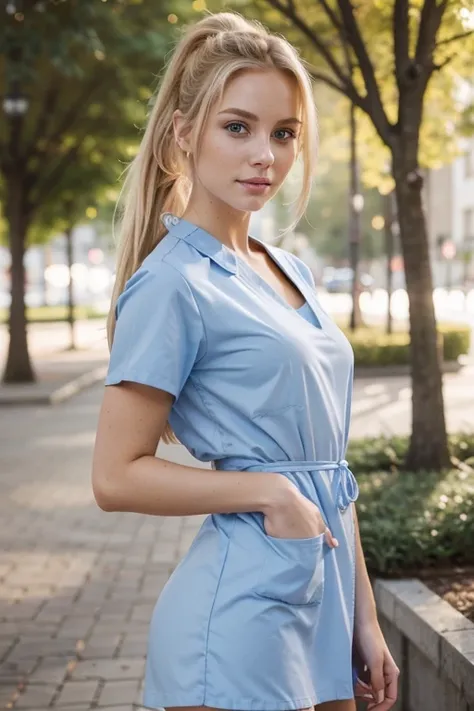 image of a beautiful blonde woman, 24yo, natural look, gorgeous model, ponytail, blue eyes, portrait 3:4, bokeh, beautiful, wearing tight a nurse uniform, mini dress, a fisheye, full body, sexy, in a park