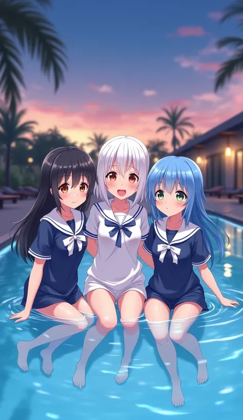 masterpiece, Best Quality, High resolution, Very detailed,(((Three cute girls))), (((Black haired little girl)))、(((White-haired little girl))), (((Blue haired little girl))), (((School swimsuit))), (((White socks))), (((School Swimsuit))), (((In the pool)...