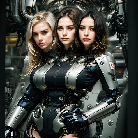 best resolution, 2heads, cyborg woman with two heads, medium cut, blonde hair, robot jacket, mechanical background