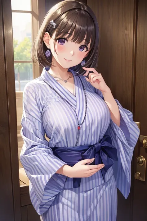 my grandmother、Shiny brown hair, Short Hair, (Beautiful brown eyes、Sparkling eyes, Fine grain)、smile、Ultra-detailed eyes、Very detailedな顔, Very detailedな目,


(((One Girl, baby face, ))), 
break 

#Clothing Accessories 
((Purple and white)Yukata : Stripes + ...