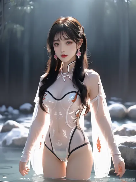 ((a woman)), 美丽脸庞的sexy中国华裔女明星, wearing red strappy bikini underwear, wearing pink transparent clothes, (((light theme, exposing ...