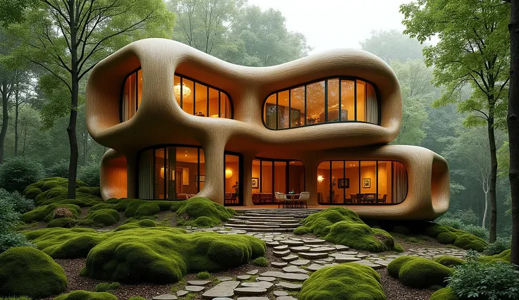 Architectural Design、Gaudi style architecture、Modern house made of wood、Functional design、Calculated traffic flow、moss、Warm lighting、A building that blends into the forest、Standing in the forest、moss、