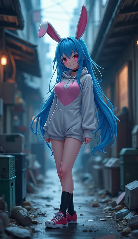 masterpiece, Best Quality, High resolution, Very detailed,(((Cute girl with blue hair))), (((Bunny Suit)))、(((Black socks))), (((blush))), (((night))), (((Dark Back Alley))), (((sneakers))), (((There is junk scattered around))), (((Big Breasts))), (((smile...