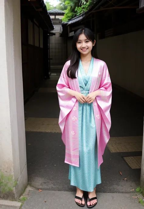 Cute Girl, sixteen years old, nice body, cute indonesian face, brown skin, innocent, happy, sharp eyes focus, sexy pose,  full body, kimono,