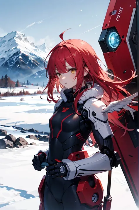 One girl, Alone, red_theme, Mecha Girl, Machinery Parts, Robot Joints, red hair, Long Hair, Flowing Hair, Ahoge :1.2, Yellow Eyes, Medium chest, red wing, mechanical wing, landing_wing, , inflammation, flying, Outdoor, snow, winter, ice field, snowy mounta...