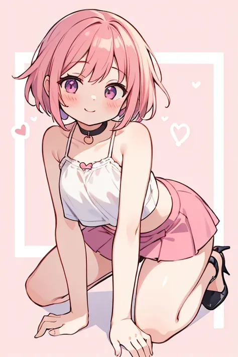 High resolution, masterpiece, Anatomically correct, Best Quality, One girl, smile、Blushing、Short Hair、Large, wide eyes、Pink Hair,Choker、Heart symbol、Simple Background、Shoulders stick out、I can see your belly button、Thighs、camisole、mini skirt、High heels、On ...