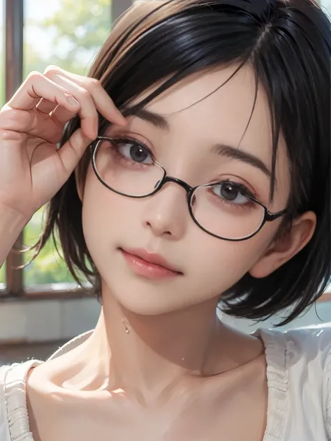 8k,Best Quality,(masterpiece:1.2),(Realistic),(Realistic:1.37),Ultra-high resolution,1. ((Japanese women))、((Mature Woman))、((Married Woman))、Droopy eyes,Beautiful teeth alignment,((Wear rimless glasses))、((Black short bob hair))、 ((Front View))((Leaning f...