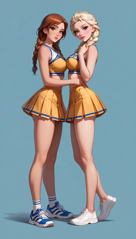 score_9, score_8_up, score_7_up, 2girls, duo, (anna, brown hair, braided pigtails, wearing cheerleader uniform, sneakers:1.3) an...