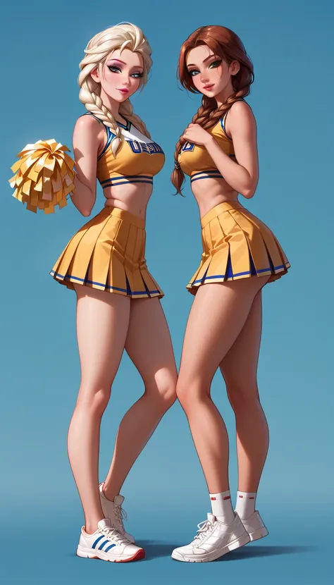 score_9, score_8_up, score_7_up, 2girls, duo, (anna, brown hair, braided pigtails, wearing cheerleader uniform, sneakers:1.3) an...